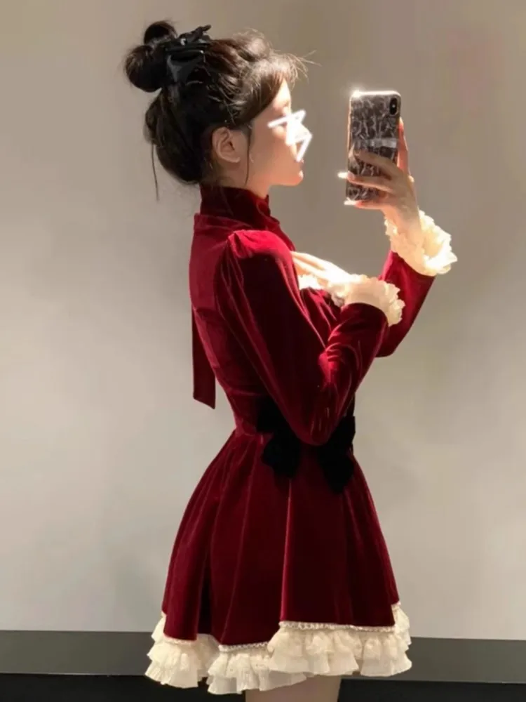 Женское бархатное мини-платье Y2K кружевное лоскутное платье с квадратным вырезом