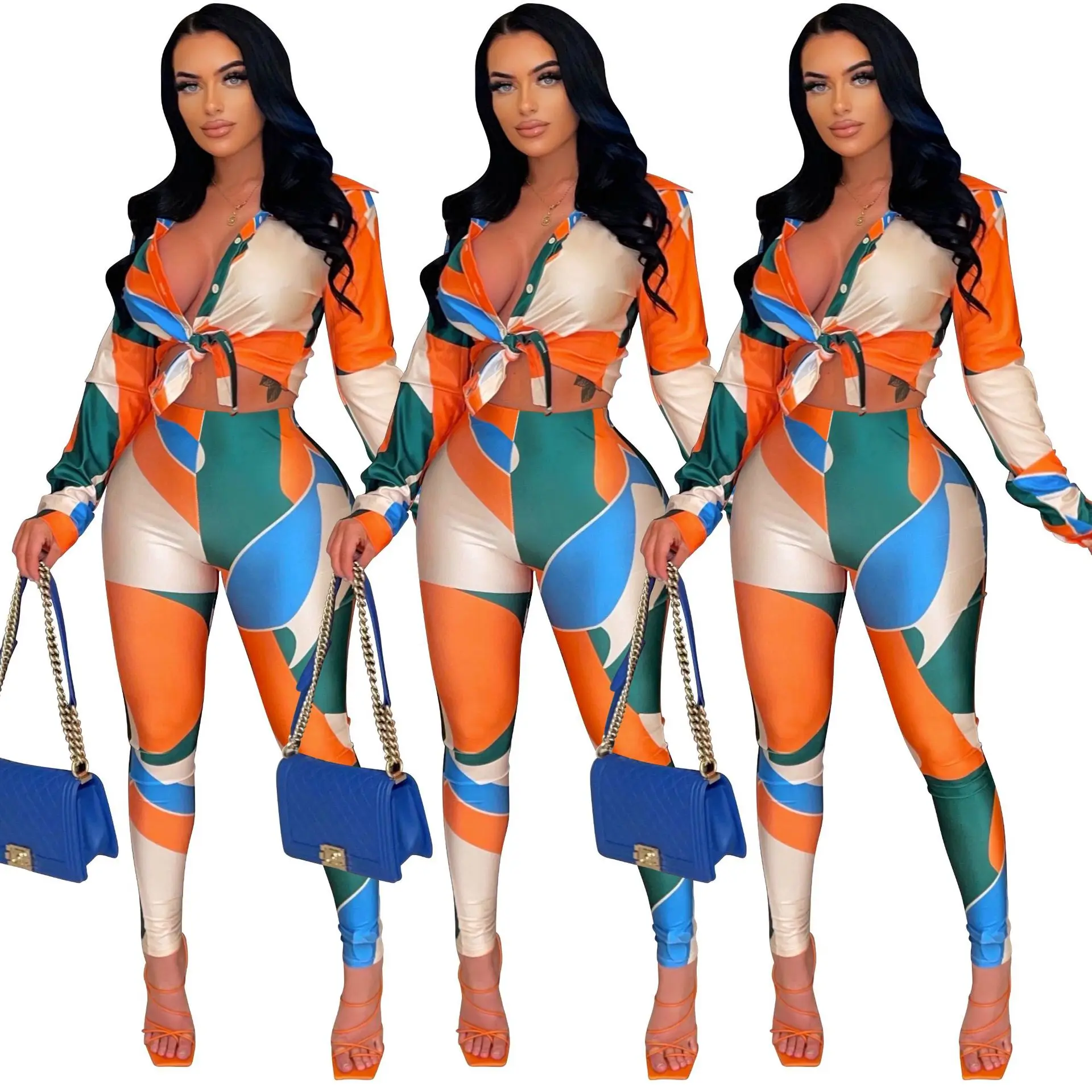 

Autumn Clothing Ladies Two Piece Ladies Irregular Contrast Print Long Sleeve Shirt High Waist Trousers Two Piece Set
