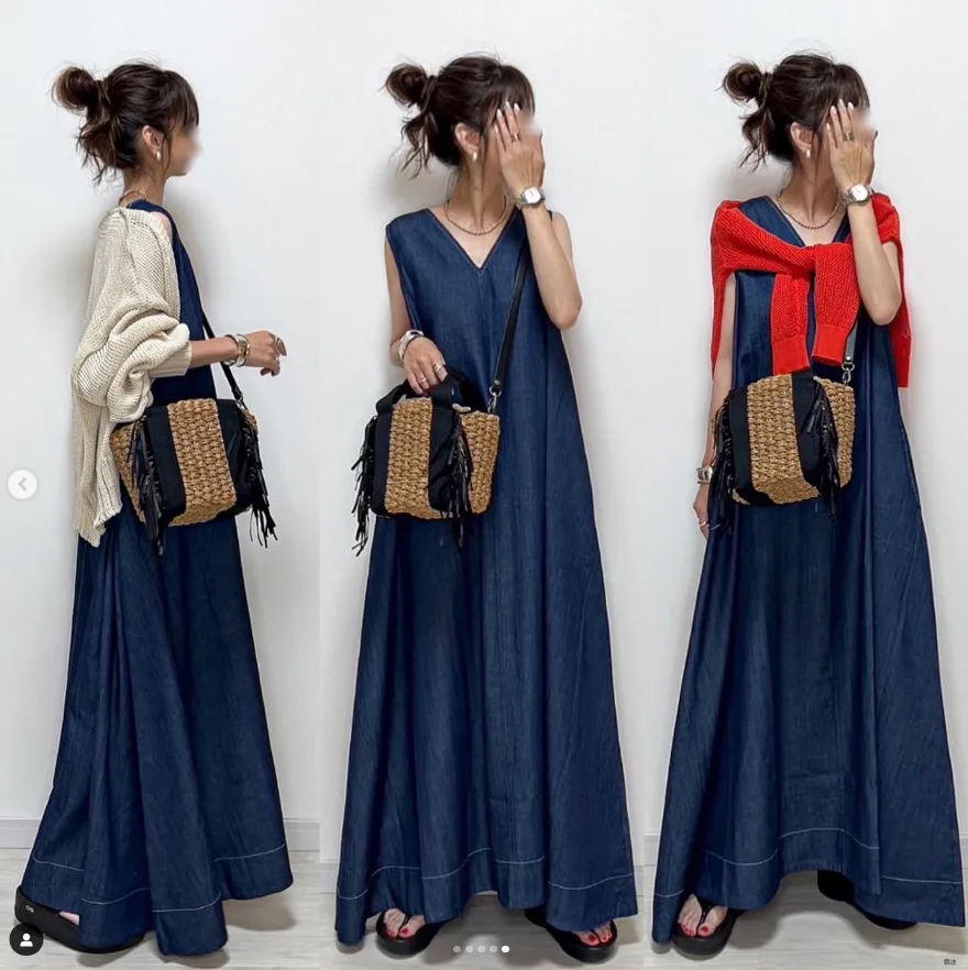 

New Japanese Sweet Fresh Solid Color Fashion Casual Mid Length Dress Women's V-neck Sleeveless Women's Denim Skirt Long Dress