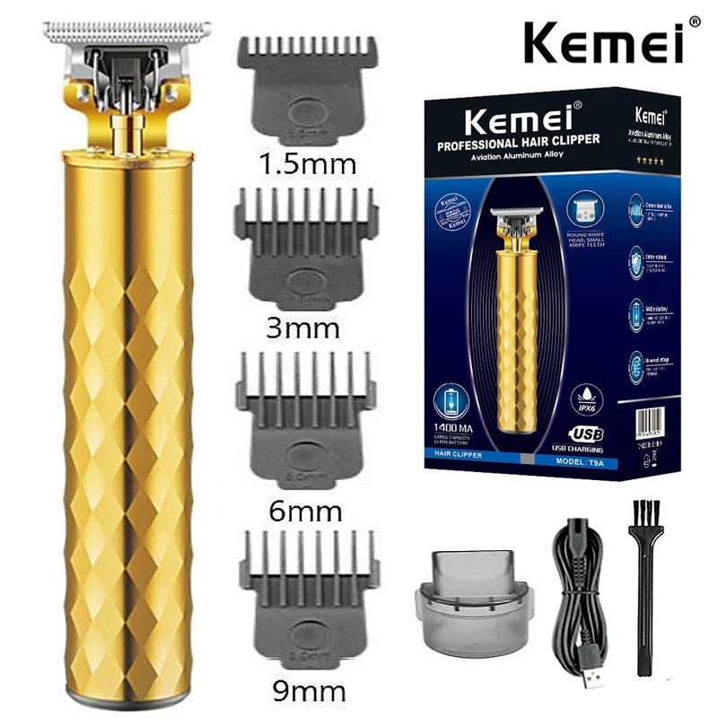 

Машинка для стрижки волос Kemei T9 Gold, профессиональный электрический парикмахерский триммер с нулевым изгибом волос, машинка для стрижки волос 0 мм, с зарядкой от USB