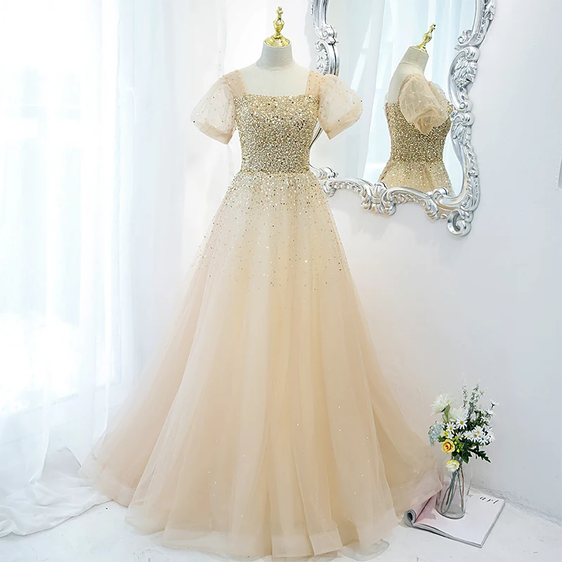 

Evening Dress Champagne Tulle Beading Square Collar Short Sleeves Lace up A-line Floor Length Plus size Lady Party Dresses B2384