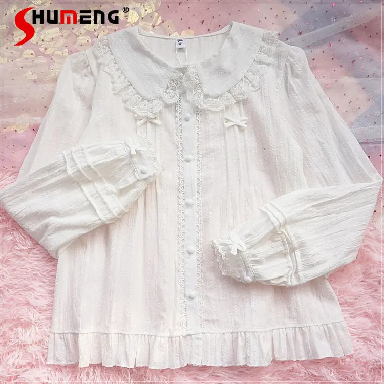 

Japanese Style Lolita Bow Doll Collar Long Sleeve Shirt Student Female 2023 Spring Loose Long Sleeve Flounce Blouses Inner Wear