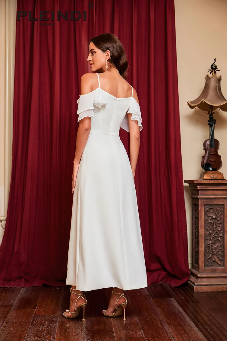 PLEINDI Luxury Evening Dresses Boat Neck Spaghetti Strap A-shaped Floor-Length Chiffon 2022 New of Ruched Exquisite Prom Dress