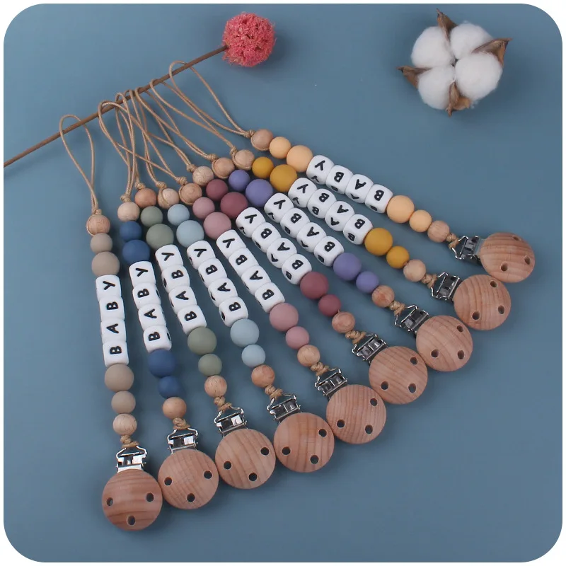 

Personalized Name Baby Pacifier Clips Wood Safe Silicon Beads Teething Toys Newborn Dummy Holder Nipple Chains Teethers BPA Free
