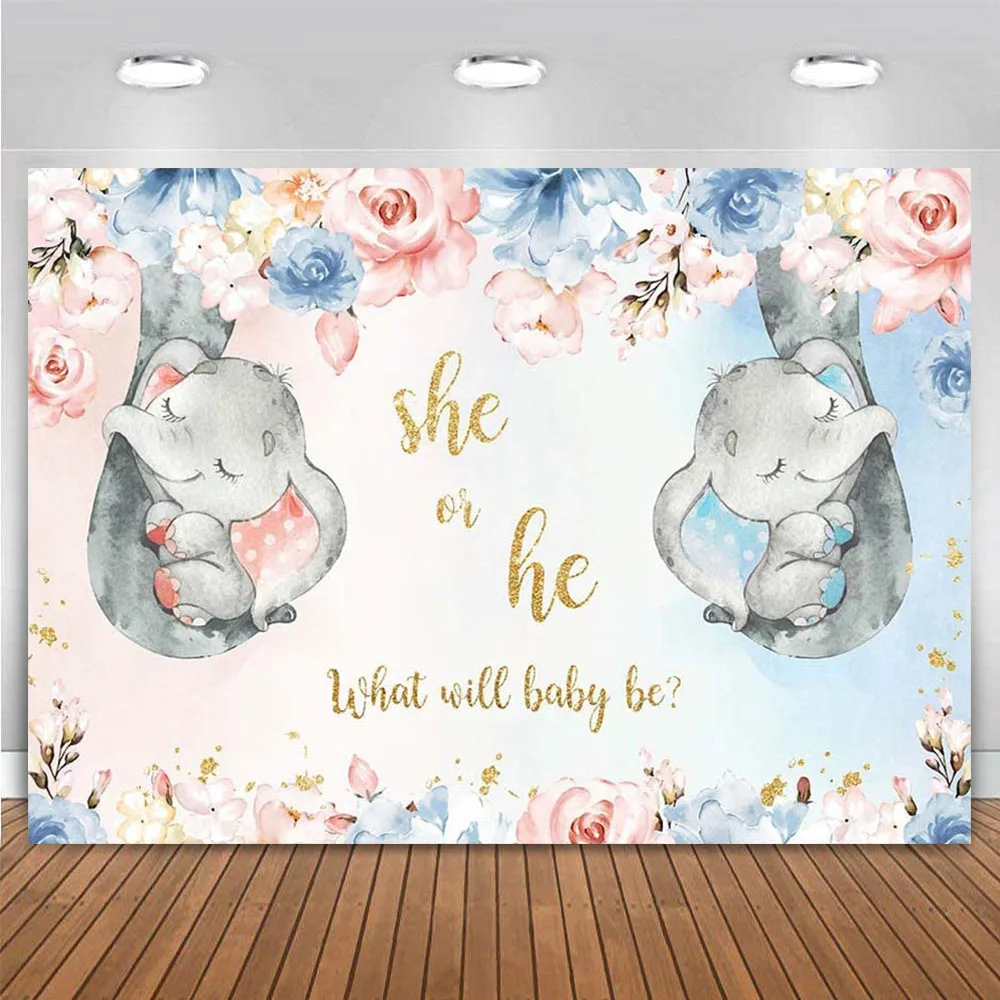 

Baby Elephant Gender Reveal Backdrop Boy or Girl Party Banner Floral Watercolor Photography Background Blue or Pink Photo Booth