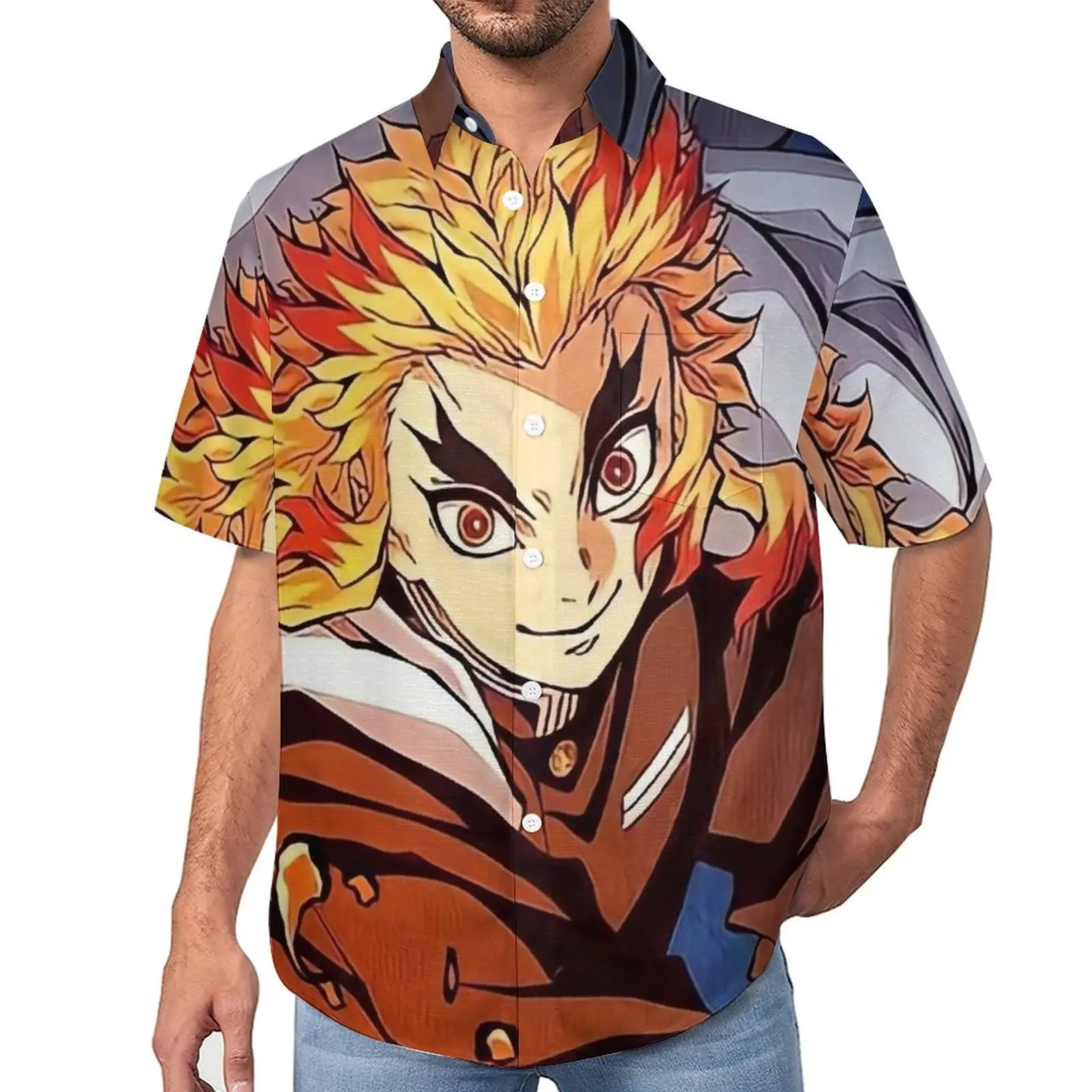 

Милая рубашка для отдыха с демоном, мужская повседневная рубашка Rengoku Kyojuro Hawaii, уличная Стильная блуза с короткими рукавами, топы с графическим рисунком