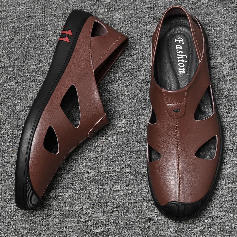 Мужские сандалии из натуральной кожи коричневые Роскошные деловые туфли для