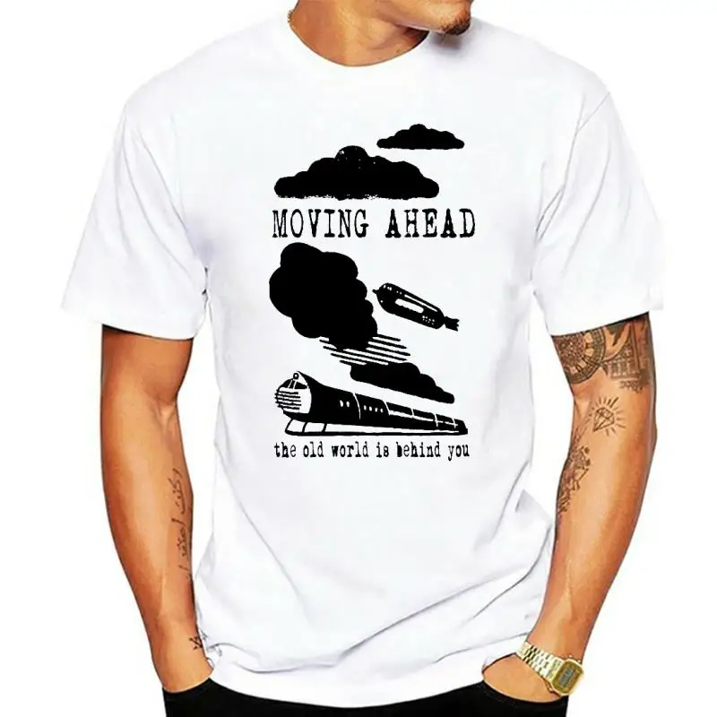 

Mens Screen Printed T-shirt Moving Ahead Futuristic Vintage Book Train On Sale men t shirt