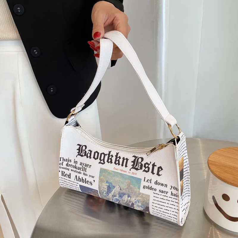 

Fashion Women Newspaper Letter Printing PU Leather Shoulder Underarm Bag Casual Ladies Small Purse Buckle Handbags Bolso Mujer