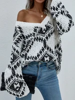 autumn winter vintage loose knitwear sweaters women 2022 sexy v neck retro print knitted casual oversized knit sweater pullovers
