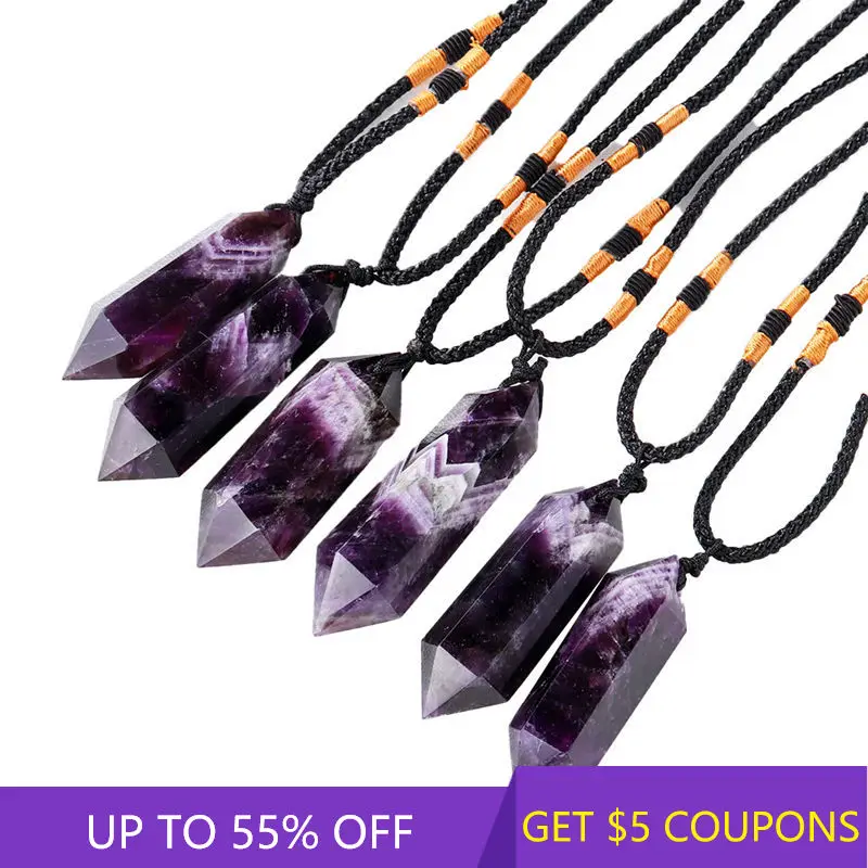 

Purple Natural Banded Chevron Dream Amethyst Quartz Crystal Point Wand Pendant Pendulum Reiki Healing Chakra Stone Necklace Gift