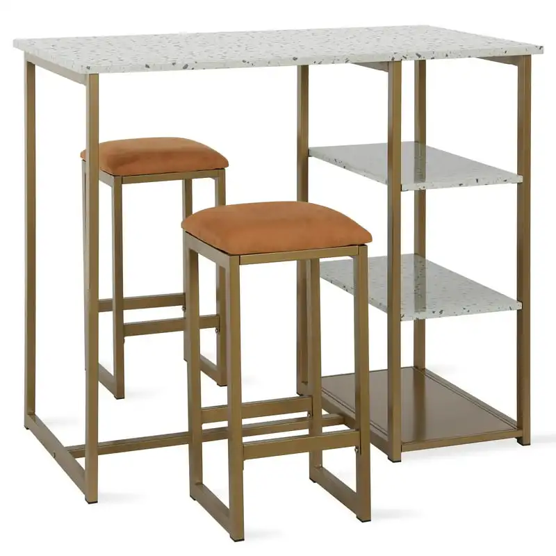 

3-Piece Pub Set with Faux Terrazzo , White/Brass