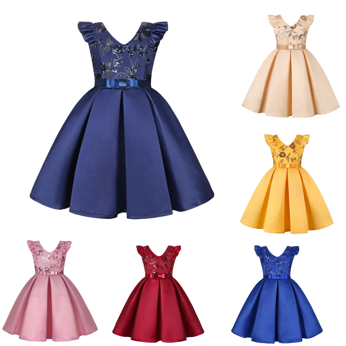 

2-9 Years Kids Elegant Flower Girls Solid Dress Children's Sequin Festival Pageant Wedding Birthday Party Princess Clothes