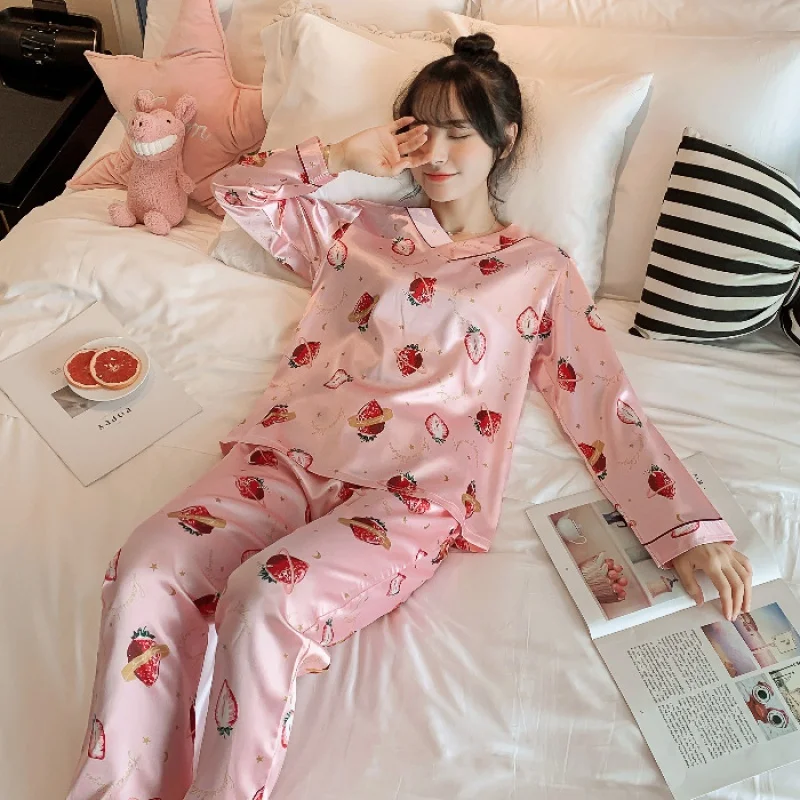 2023 Spring New V-neck Silk Pajamas Women's Loose Long-Sleeved Trousers Home Wear Two-Piece Set Women's Pajamas