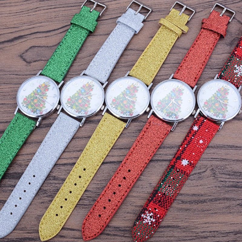 Рождественская елка женские часы повседневные кварцевые наручные с кожаным