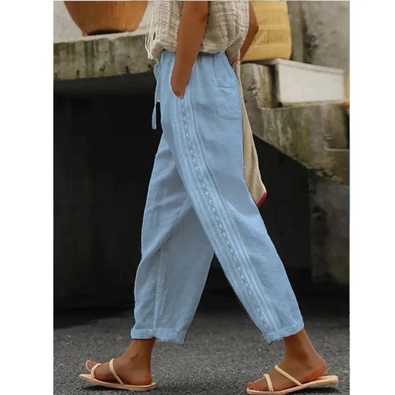 

Women Clothing Cotton Linen Pants Vintage Solid Elastic Waist Straight Cropped Pants Lady Leisure White bandage Trousers