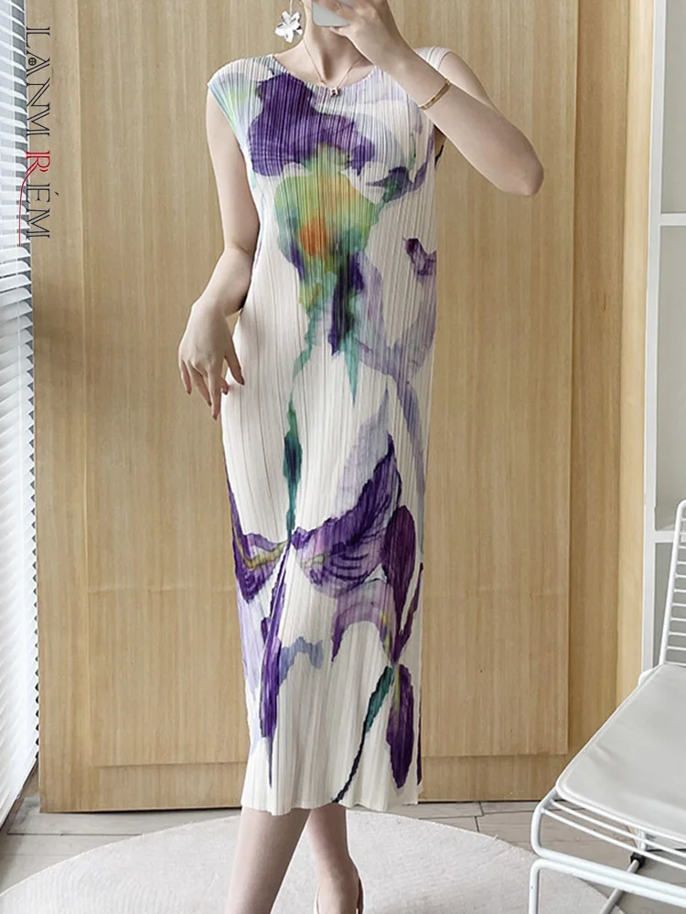 

Платье женское Плиссированное без рукавов с круглым вырезом и цветочным принтом