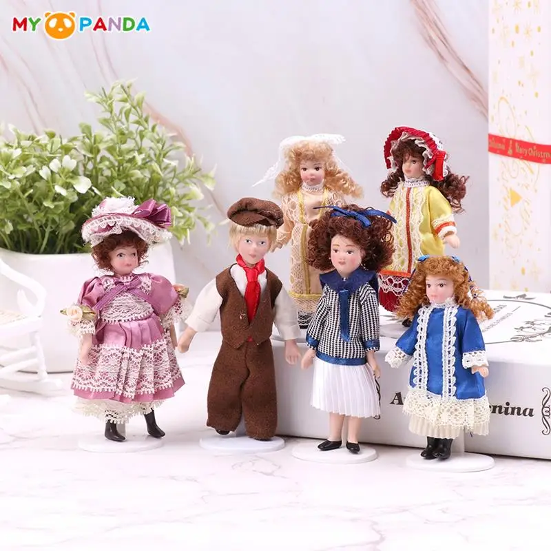 1Set 1:12 Dollhouse Miniature Doll Model with Bracket Retro Porcelain Doll Pretty Girl Victorian Doll For Dollhouse Home Decor
