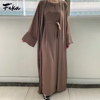 Ramadan Robe Casual Solid Sleeveless Inner Dress with Belt and Long Cardigan Robe Muslim Sets Islamic Clothing Prayer Dress Set 1