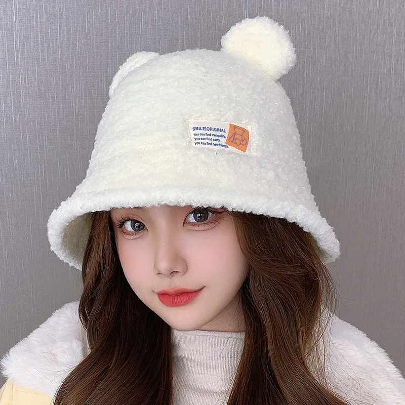 

Girls Warm Lamb Wool Fisherman Lamb Hat with Cute Ears Letter Print Label Decorative Animal Shaped Dome Pot Hat