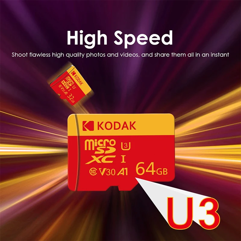 Фото Карта памяти KODAK Micro SD U3 V30 128 ГБ 256 ГБ 64 ГБ TF Card 4K, высокоскоростная, до 100 МБ/с, для телефона, камеры, дрона №5