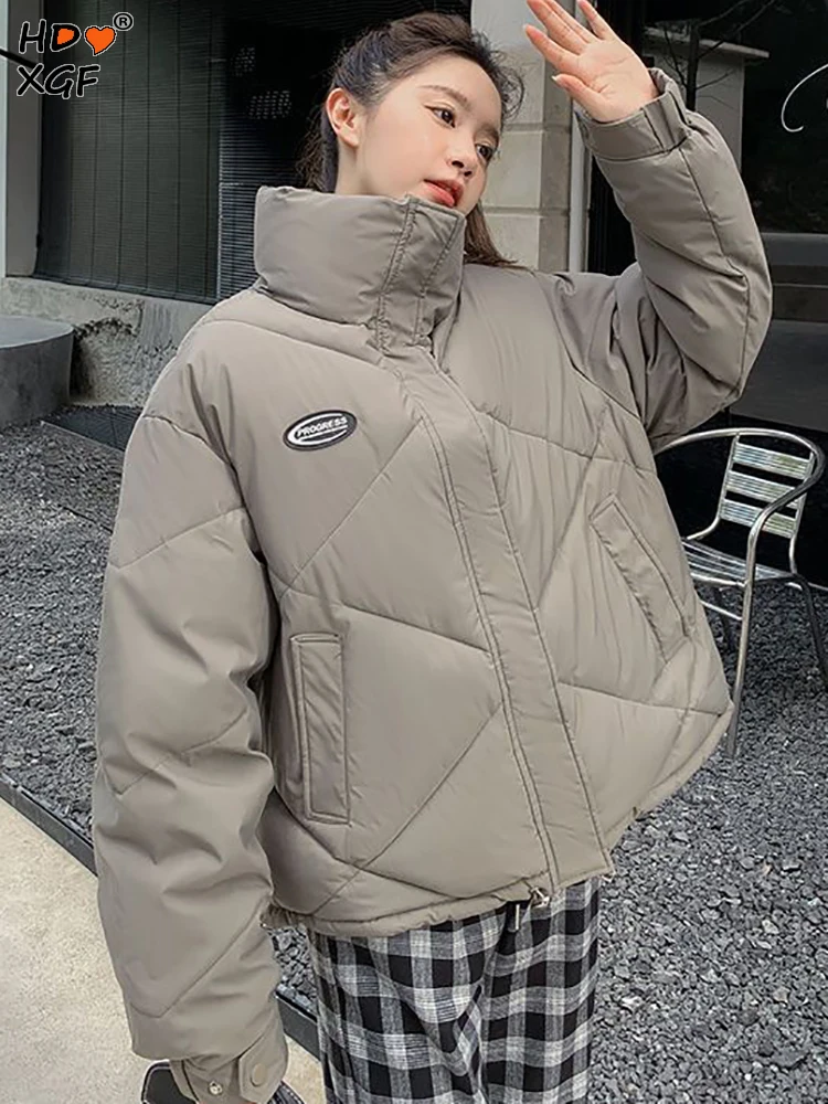 Korean Fashion Chest Marker Loose Short Jackets Vintage Lapel Single Breasted Zipper Parkas Womens Winter Clothing Simple Coats