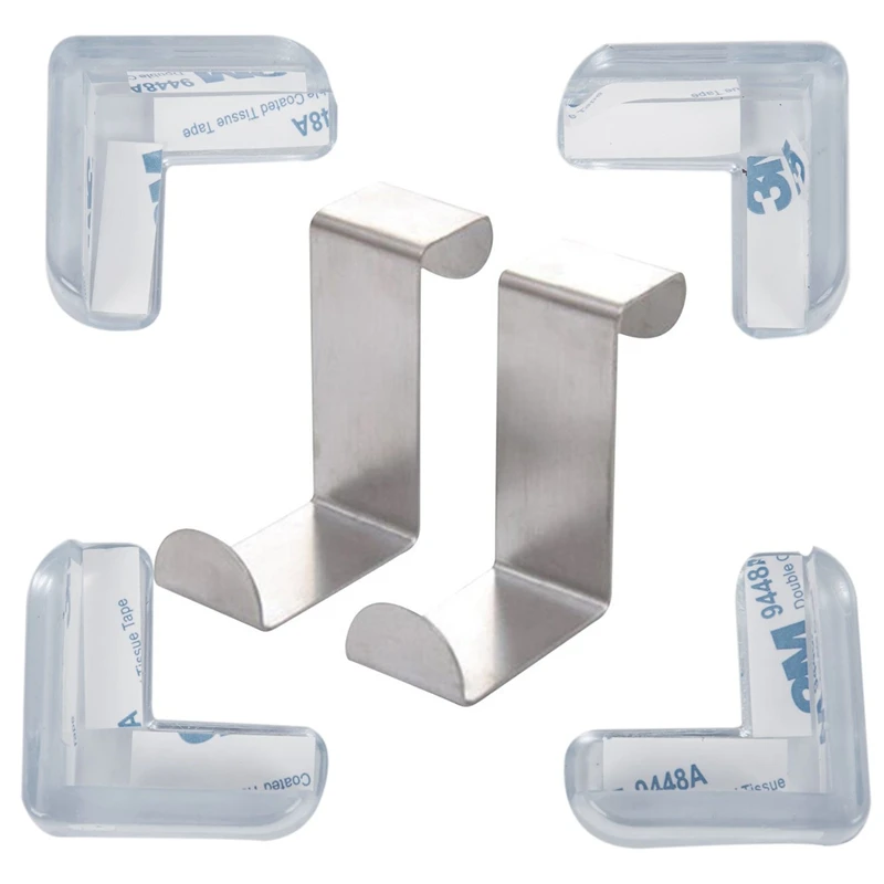 

6Pcs Tool: 4Pcs Clear Safety Soft Plastic Table Desk Corner Guard Protector & 2Pcs Back Door Hook Cabinet Clothes Hanger