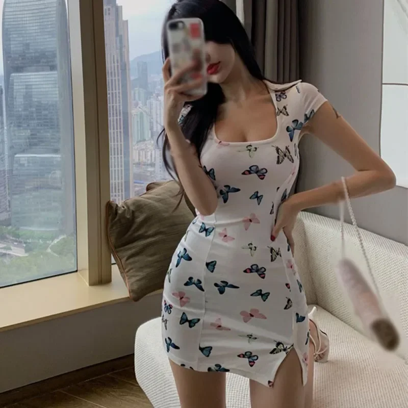 Женское модное сексуальное тонкое платье с короткими рукавами и U-образным