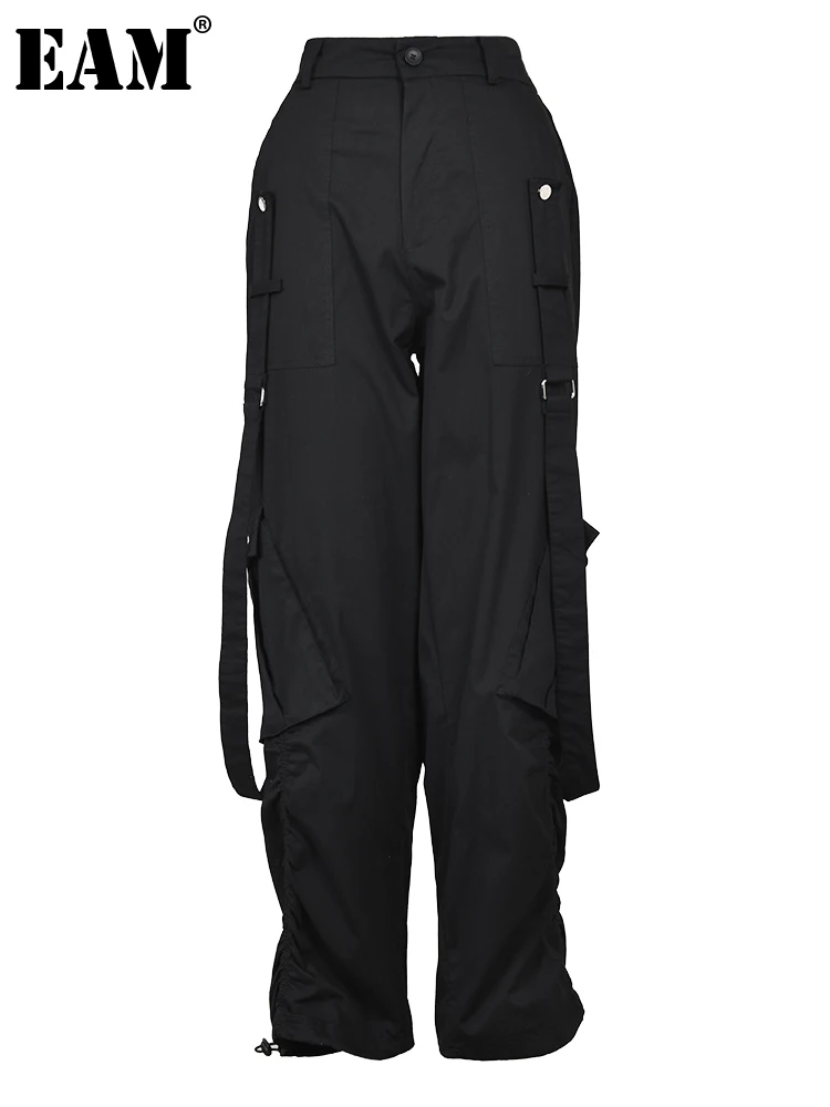 

[EAM] High Elastic Waist Black Drawstring Ribbon Long Pants New Loose Fit Trousers Women Fashion Spring Autumn 2023 1DF7698