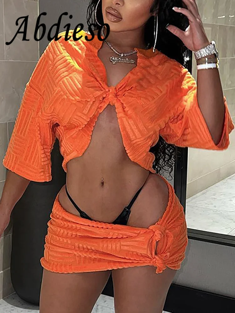 

Женский летний комплект Abdieso из двух предметов с вырезами, повседневный короткий топ с коротким рукавом и мини-юбка, подходящие комплекты, 2023