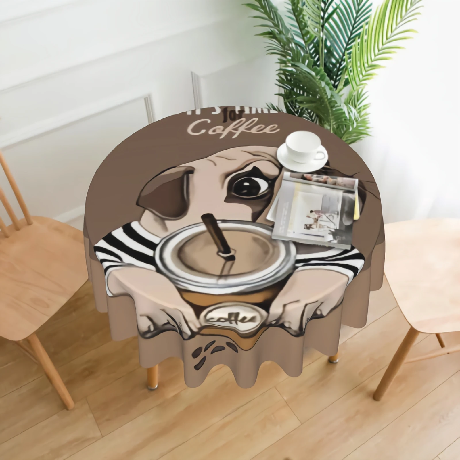 

Pug Dog In A Striped Cardigan Round Tablecloth Waterproof Cartoon Pug With A Cup Of Coffee Table Cloth Cover Washable 60" Dining