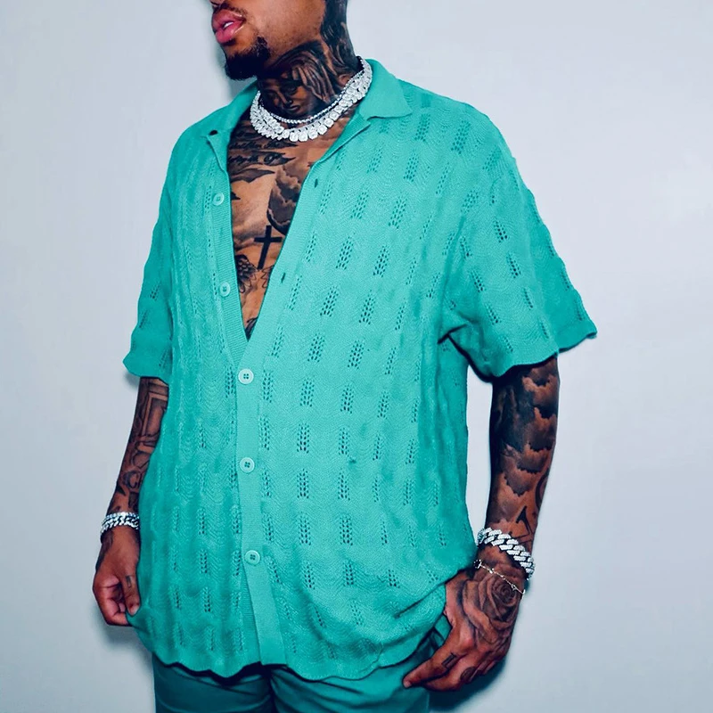 

Casual Single Breasted Lapel t Shirt Men Clothes Men Hollow Summer Shirt Knitted Top Fashion Short Sleeve Solid Polo Shirt 2023