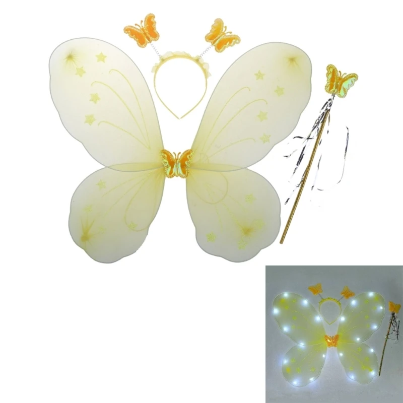 

LED Light Up RolePlay Butterflies Costumes Princess Fairy Wing Wand Headband 3Pcs Halloween Cosplay Party Props