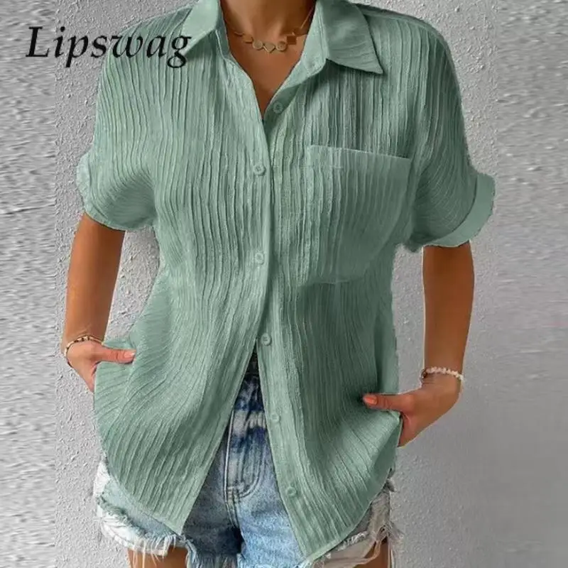 

Элегантная однотонная блузка с отложным воротником, рубашки, женские модные топы на пуговицах, Офисная Женская винтажная блузка с коротким рукавом, уличная одежда на лето