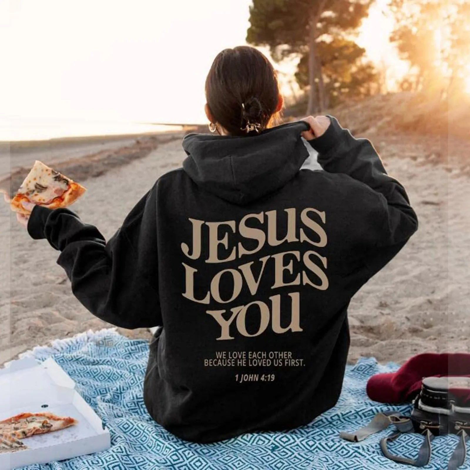 

Jesus Hooded Sweatshirt For Women The Back Letter Printed Oversize Pullover Solid Color Long Sleeve Casual Hoodies Female Tunic