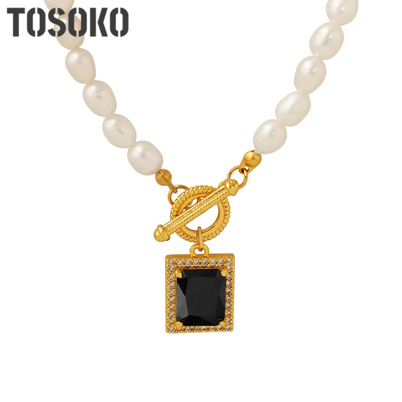 

TOSOKO Stainless Steel Jewelry Freshwater Pearl Zircon Square Pendant Necklace Women's Fashion Collar Chain BSP1411