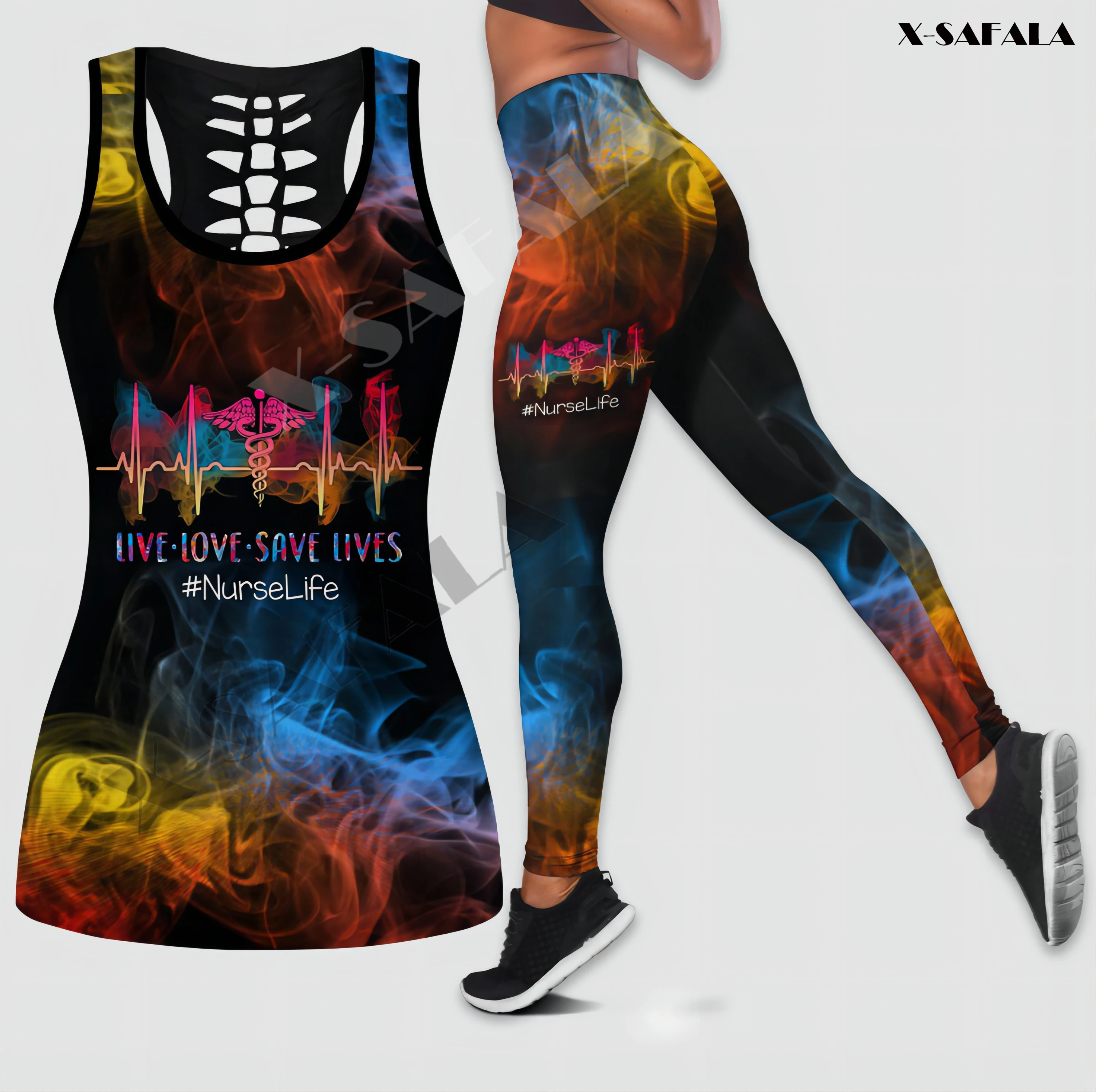 Cool Pug Dog Combo 3D Print Women Yoga Set Hollow Out Tank Top Leggings Outfit Gym Middle Waist Stretchy Sporty Suit images - 6