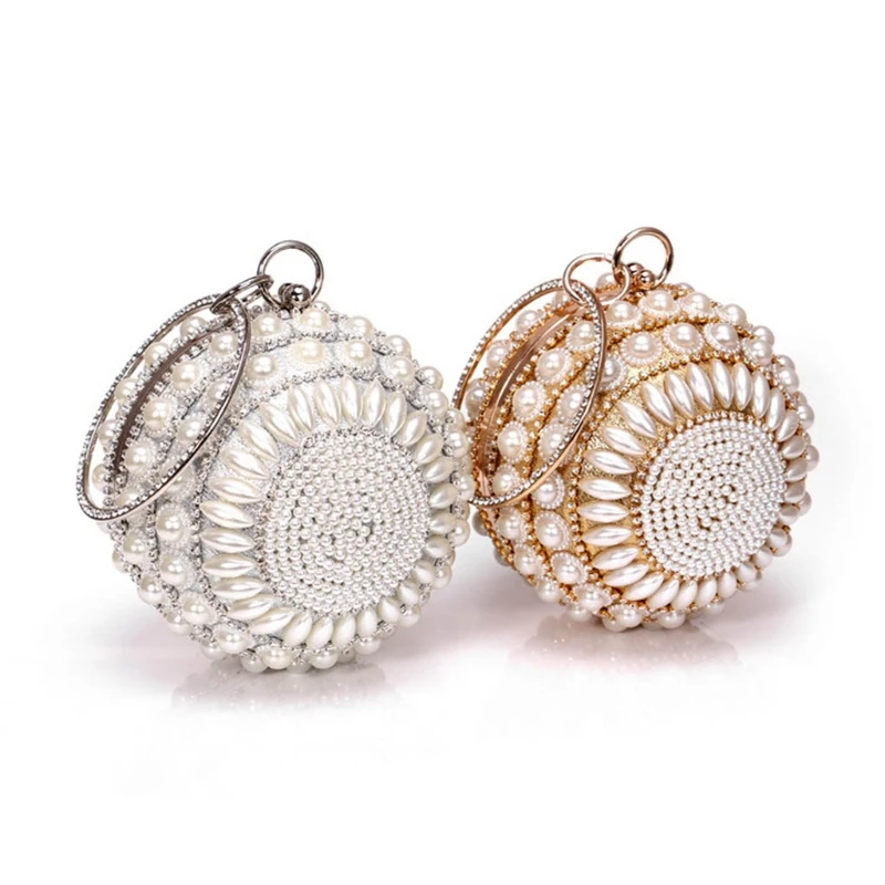 

Women Round Clutch Handbag Artificial Pearl Beaded Ring Handle Purse Evening Bag