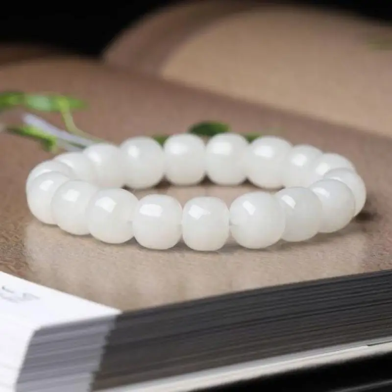 

Natural White Jade Nephrite Bracelet Men Women Healing Gemstone Fine Jewelry Genuine Hetian Jades Barrel Beads Bracelets Bangles