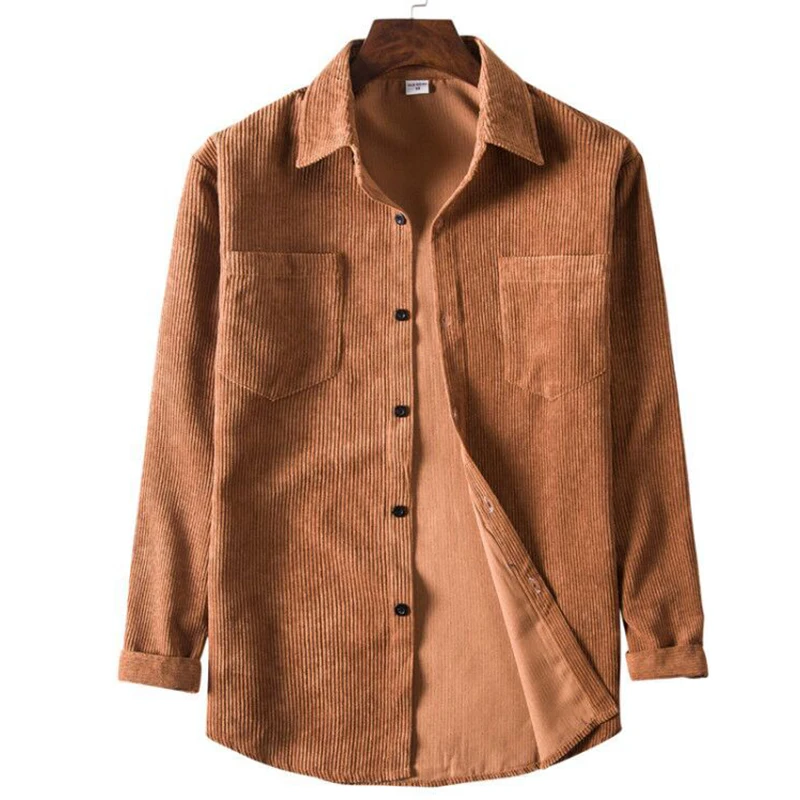 

HOUZHOU Vintage Corduroy Patchwork Shirt Men Button Long Sleeve Male Khaki Japanese Streetwear Men's Clothing Top tee Casual