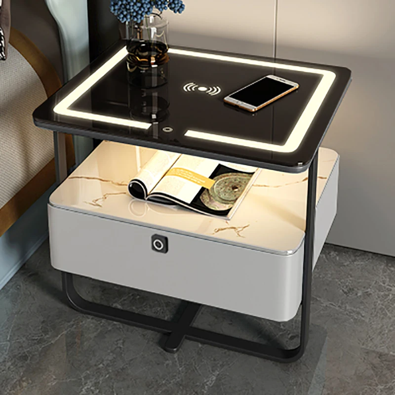 

Design Aesthetic Nightstand Drawers Bedside Table Lock Lights Nightstand Multifunction Storage Tables De Nuit Bedroom Furniture