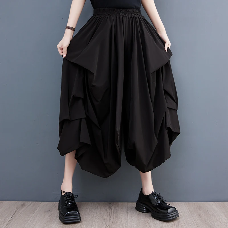 

Новинка 2023, темно-черные шикарные брюки с высокой талией для девочек на весну и лето, широкие брюки, уличная одежда, модные женские плиссированные повседневные брюки, юбка-штаны