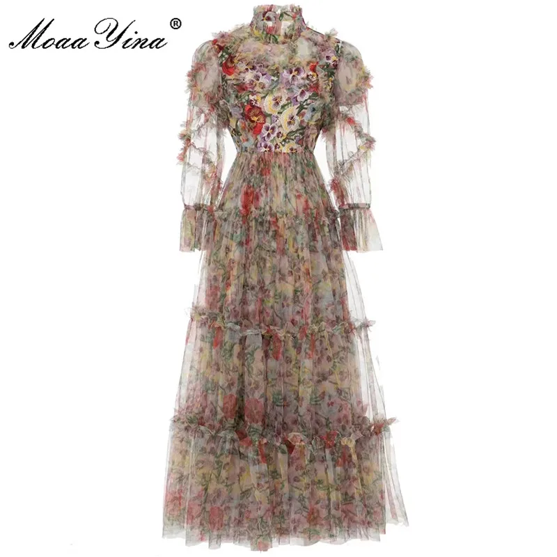 MoaaYina Fashion Designer dress Summer Woman's Dress Elegance Applique Stand collar Lantern Sleeve Ruffled Mesh Dresses