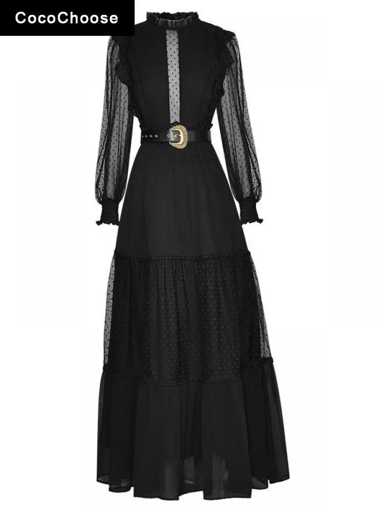 

Chic Women Luxury Evening Dress Autumn Winter 2022 Designer Dot Black Mesh Tulle Gown See Through Long Sleeve Maxi Sexy Dress