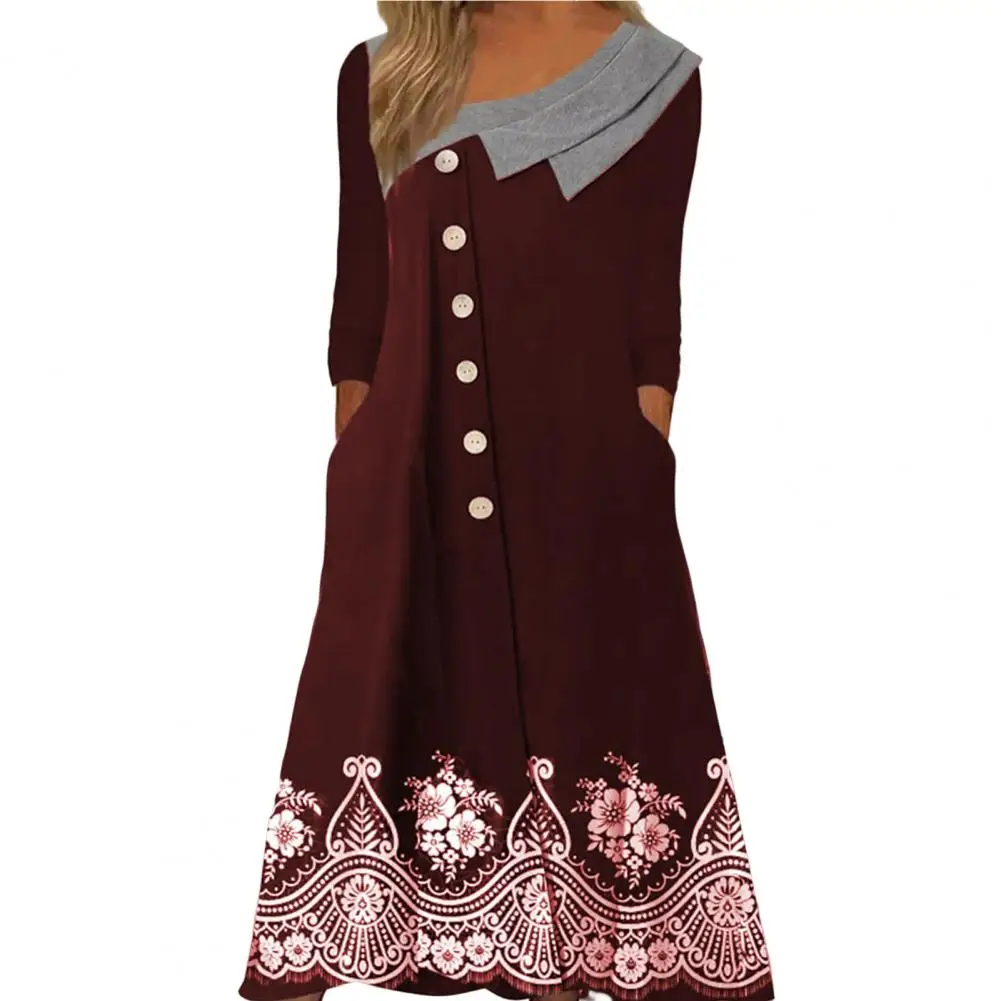

Women Loose Dress Buttons Midi Dress Floral Print Irregular Dress