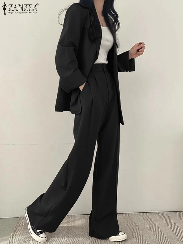 

ZANZEA Fashion Urban Tracksuits Women Office Matching Sets Causal Full Sleeved Blazer+Wide Leg Pants Autumn Solid Pant Sets 2PCS