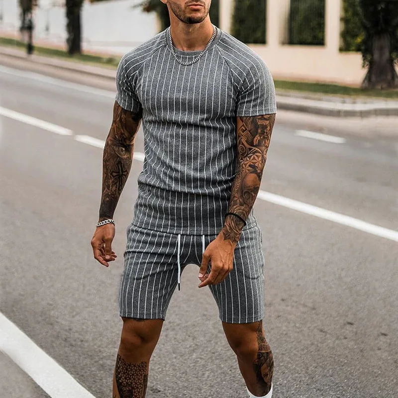 Men's Suit 2023 Summer New Stripe Print Short Sleeve T-shirt and Shorts Two Piece Sets Sports Male Tracksuit Ropa Para Hombre