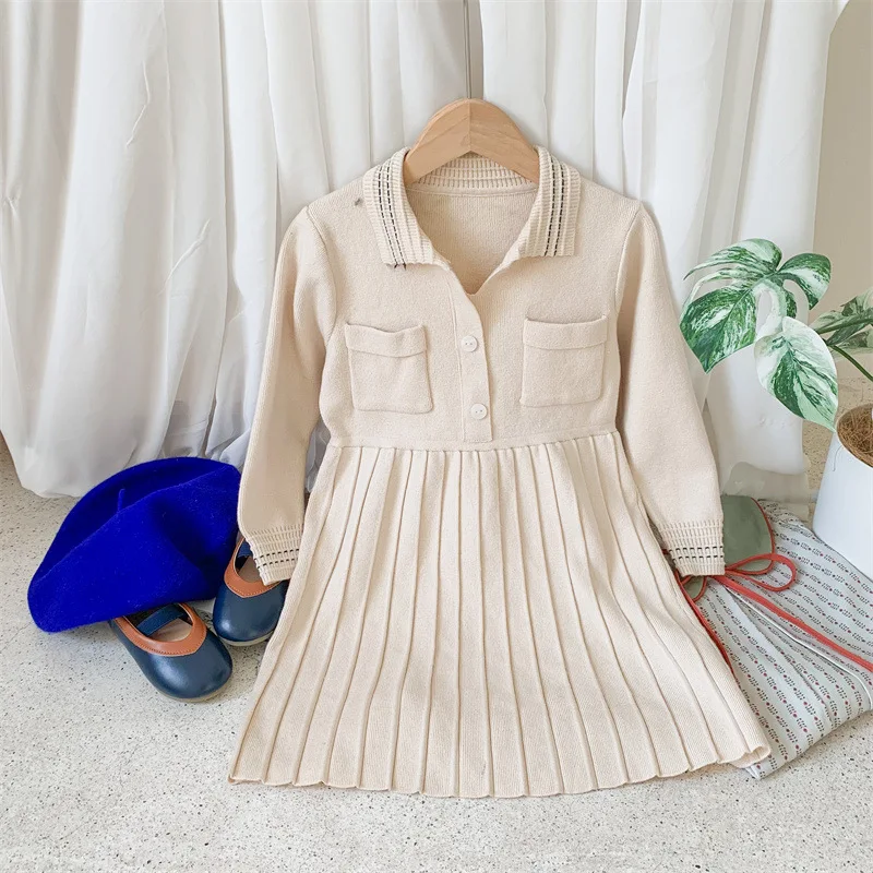

Girls Korean Style Loose Knitted Dresses 2022 Autumn Winter Baby Girls Clothes Soft Long-sleeved Lapel Princess Sweater Skirts