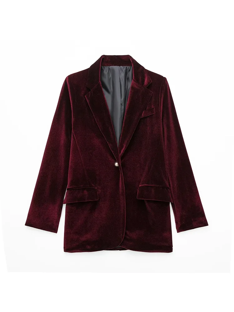 

BM&MD&ZA Women 2022 New Fashion velvet Single Button recreation Blazer Coat Vintage Long Sleeve Pockets Female Outerwear Chic
