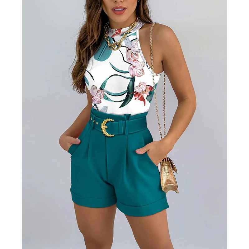 

Women's Chain Butterfly Print Suit Women's Sleeveless O-Neck Pullover Vest Top Drawstring Pocket High Waist Straight Shorts Suit